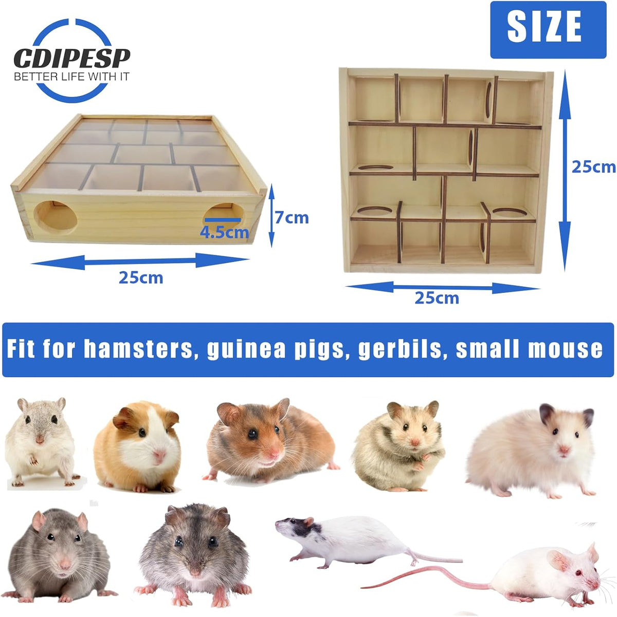 Wooden Hamster Maze with Transparent Acrylic Cover, Multi-Chamber Hamster Hideout House Hamster Toys Gerbil Maze for Dwarf Hamsters Gerbils Mice and Other Small Furry Animals