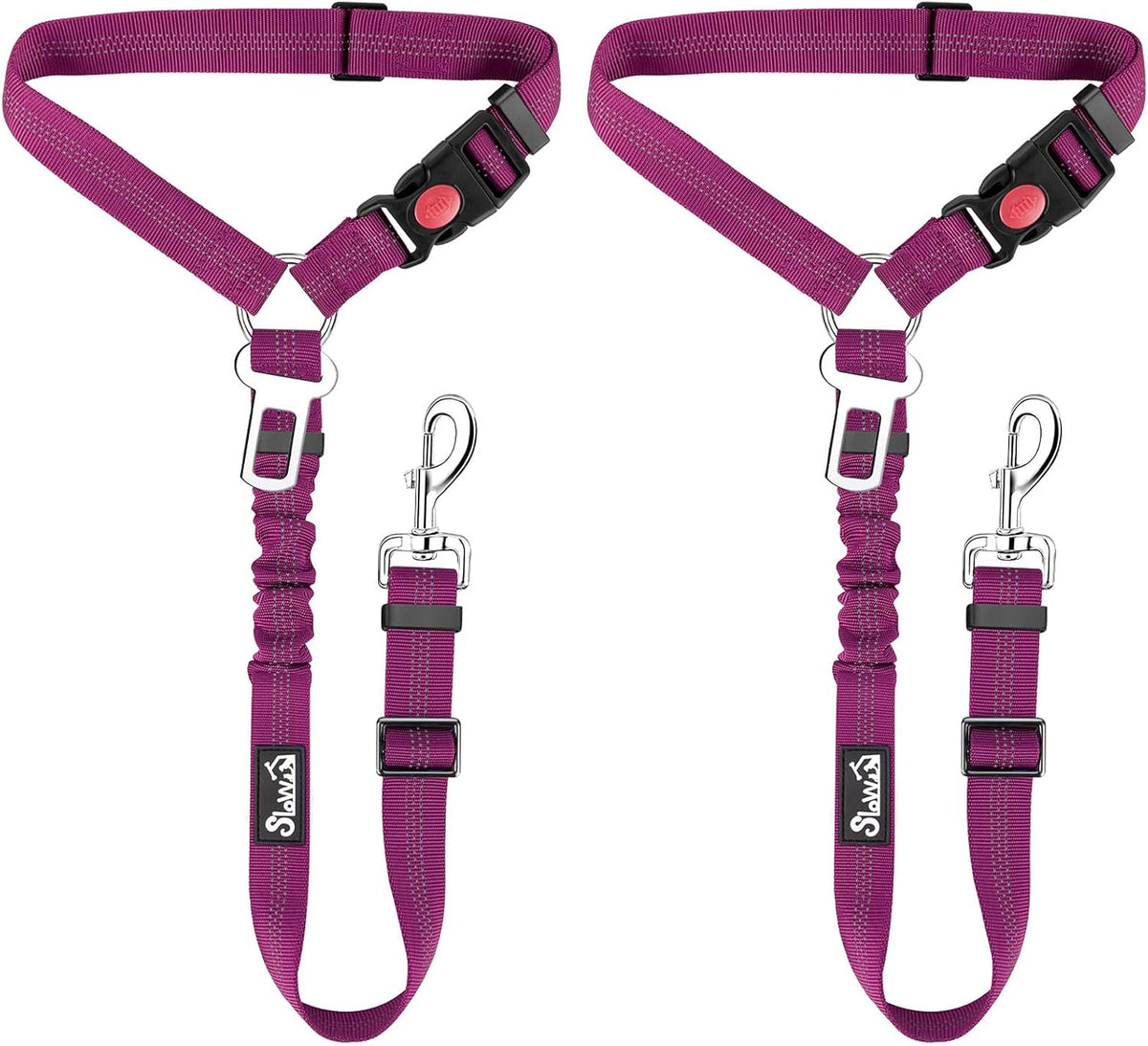 SlowTon Dog Seat Belt, 2 Pack Harness Seatbelt Adjustable With Elastic Bungee Buffer, 2 in 1 Pet Car Leash Headrest Restraint Reflective Safety Tether (Fushia, Dual Restraint)