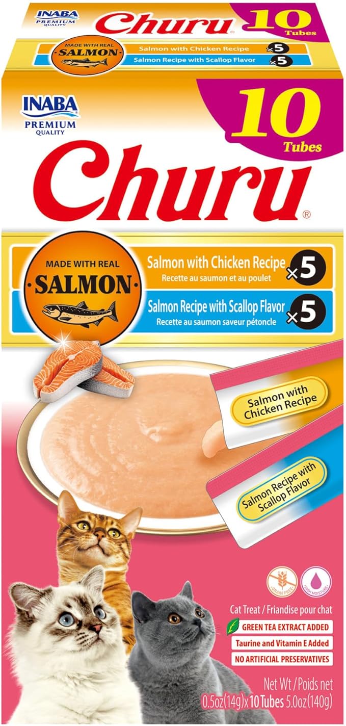 INABA Salmon Churu Cat Treats, Lickable, Squeezable Creamy Purée Cat Treat with Green Tea Extract & Taurine, 0.5 Ounces Each Tube, 10 Tubes, Scallop & Chicken Variety