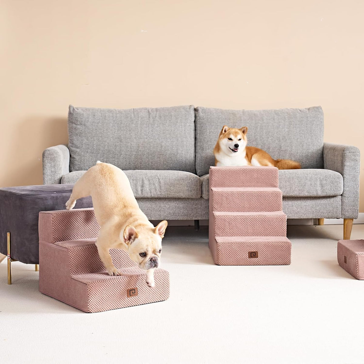 EHEYCIGA Dog Stairs for Small Dogs 13.5" H, 3-Step Dog Steps for Couch Sofa and Chair, Pet Steps for Medium Cats, Non-Slip Balanced Pet Ramp Indoor, Pink