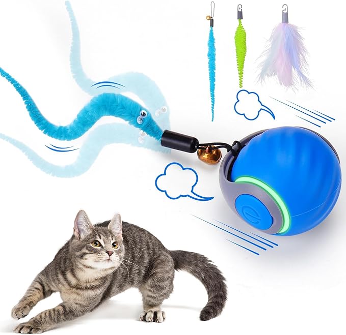 Interactive Cat Toy Ball - Motion-Activated, USB Rechargeable Cat Toys for Indoor Cats with Anti-Scratch Cover & 2 Changeable Tails - Enrichment Toy for Active Cats & Kittens