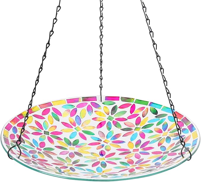 MUMTOP Mosaic Hanging Bird Bath-Bird Baths for Outdoors - 12 Inch Glass Birdbath Bird Water Bowl Bird Feeders for Outside, Garden, Lawn Yard Decor（Colorful Flower）