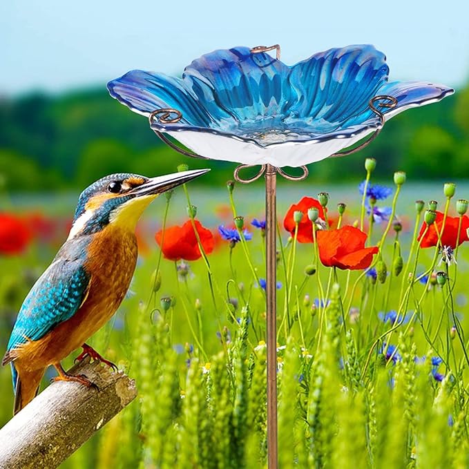 MUMTOP Bird Baths for Outdoors Glass Bird Bath Bowl Outdoor Bird Feeder Flower Pattern with Metal Stake for Garden, Yard and Lawn Decor(Blue)