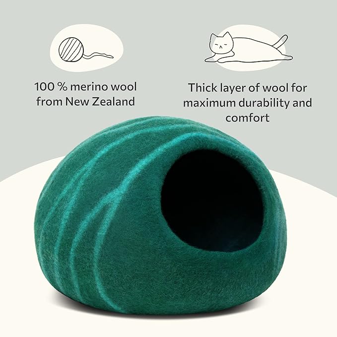 MEOWFIA Cat Cave – Premium Felt Cat Bed for Indoor Cats, Handmade 100% Merino Wool (Large, Emerald)
