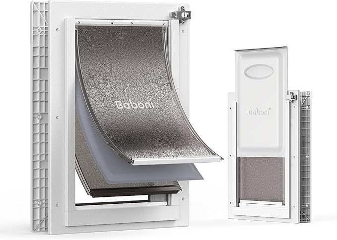 Baboni 3-Flaps Pet Door for Interior and Exterior Doors, Durable Plastic Frame and Telescoping Tunnel, Aluminum Lock/Metal Panel, Strong Magnetic Flaps, Never Rust Dog Door (Pets Up to 40 Lb) -Medium