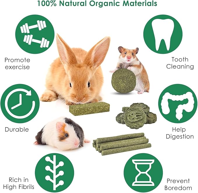 ERKOON 50Pcs Bunny Chew Toys, 100% Natural Timothy Hay Biscuit&Treats Sticks, Chew Toy for Teeth for Rabbit Chinchilla Guinea Pig Hamster Gerbil Squirrel, 17oz
