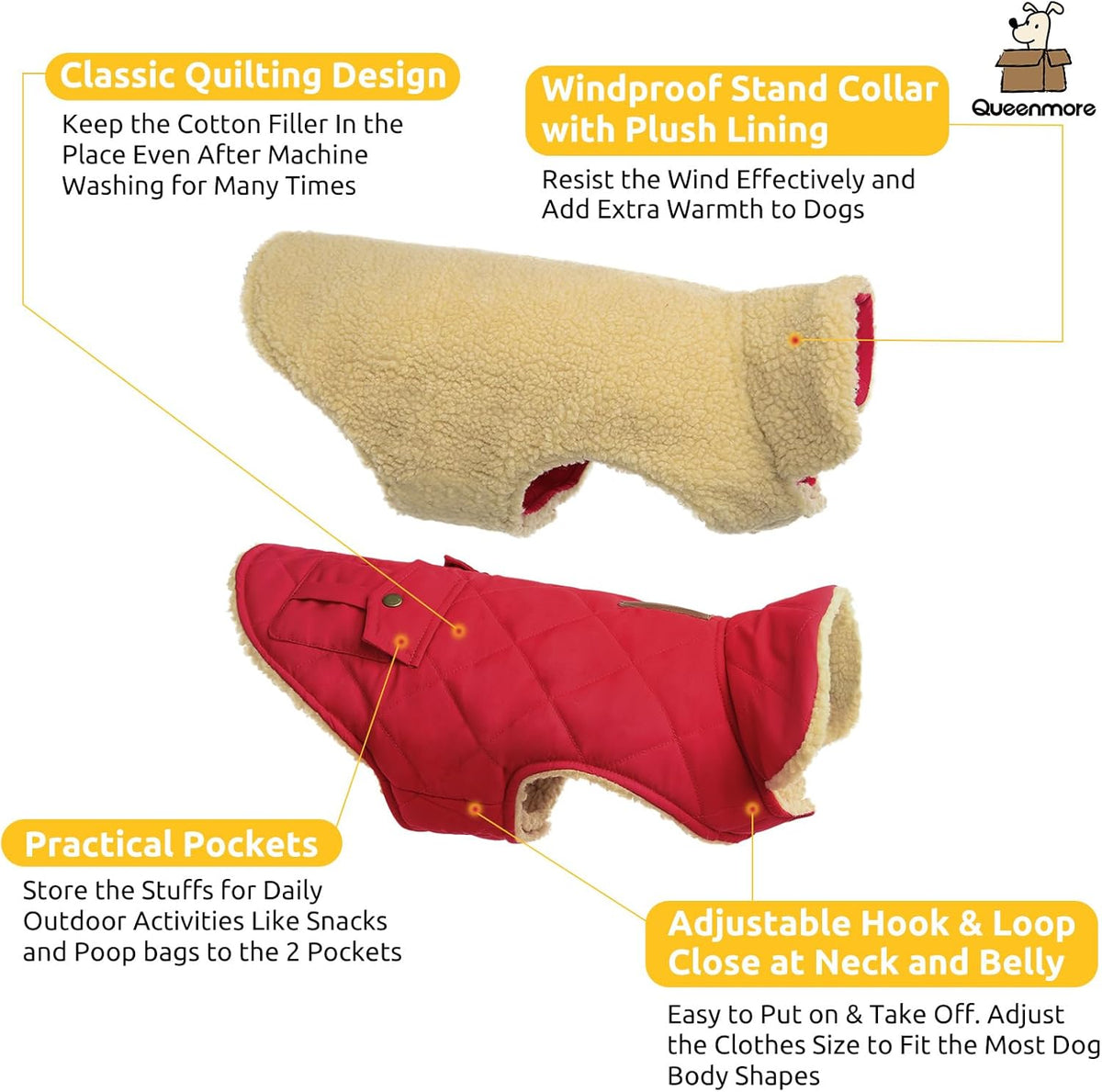 Queenmore Warm Dog Coat, Cold Weather Puffer Jacket with Ultra Thick Plush Lining and Storage Pockets (Red, Large)