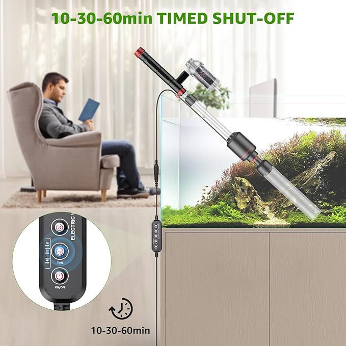 Electric Aquarium Vacuum Gravel Cleaner: 24W Fish Tank Vacuum Gravel Cleaner with Strong Suction for Automatic Water Change Algae Remover Sand Wash Water Shower and Water Circulation, Timed Off