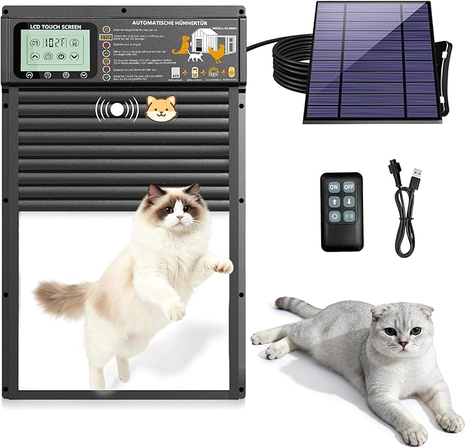 Cat Door, Cat Door Interior Door Radar, Timer & Light Sensor Modes, Solar & USB Pet Door, Durable Aluminum, Weatherproof, No Training, 10"×13", 24/7 Operation for Small Cats Up to 45 lb