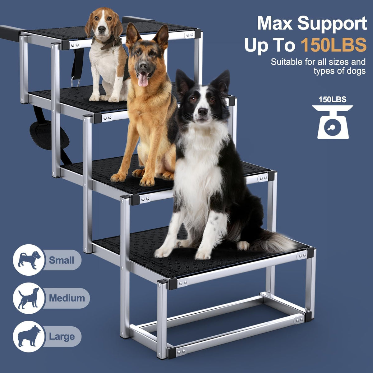 Dog Stairs for Car, Foldable Dog Ramp for Car with Non-Slip Surface, Portable Stairs Aluminum SUV, High Beds, Truck, Supports up to 150 lbs, 4 Steps