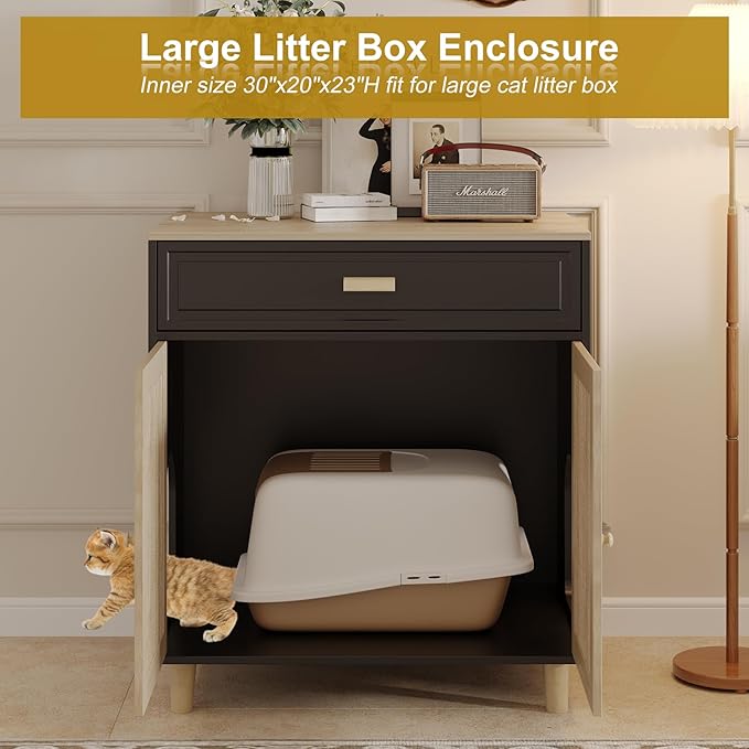 Cat Litter Box Enclosure Furniture Hidden - Indoor 2-in-1 Wooden Cat House & Washroom Cabinet with Scratching Board Doors and Drawer, 31.5”x21.6”x34.6”, Black