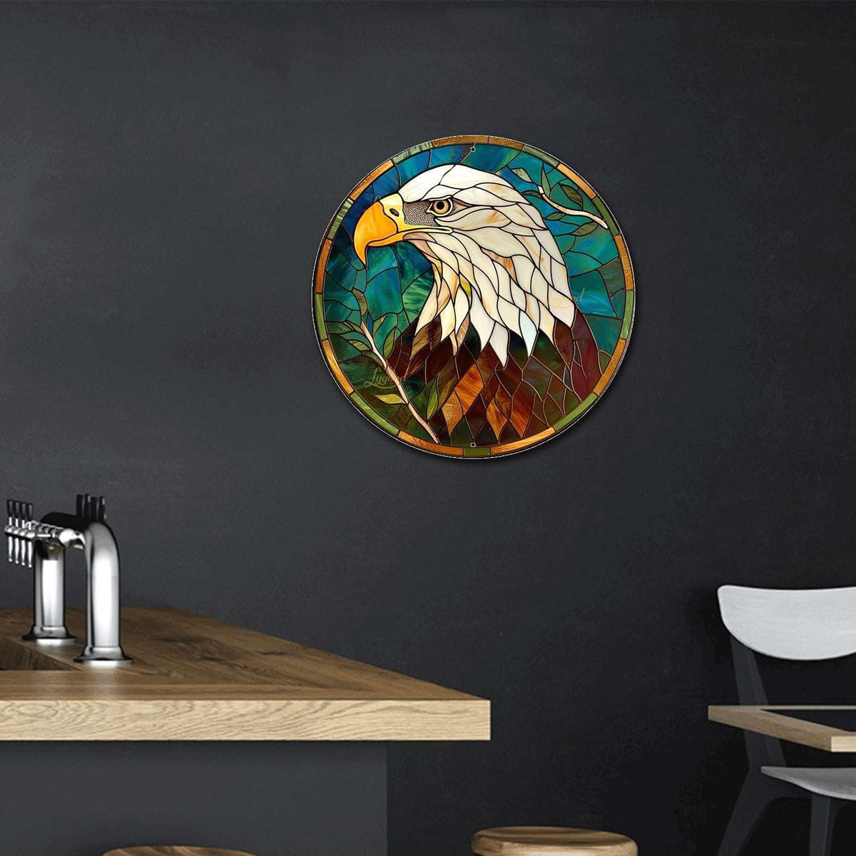 Lygond Metal Sign Tin Sign Circular Stained Glass Bald Eagle Kitty Decor for Club 12×12 Inches