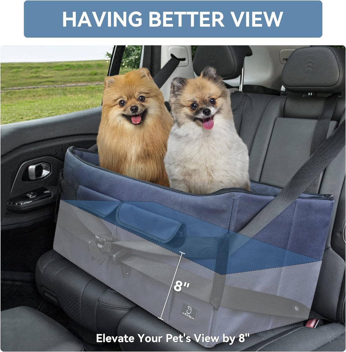 A 4 Pet Dog Car Seat for Medium/Large Dog or 2 Small Dogs, Booster Car Seat with Storage Bags and 2 Seat Belts, Pet Seat for Dogs Under 55 lbs
