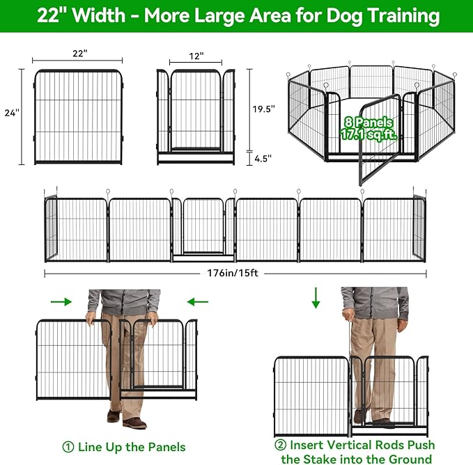 Dog Playpen Outdoor Extra Wide 16 Piece Panels Heavy Duty Dog Fence 24" Height Anti-Rust with Doors Portable for RV Camping Yard, Total 29FT, 68 Sq.ft, Snowy Black