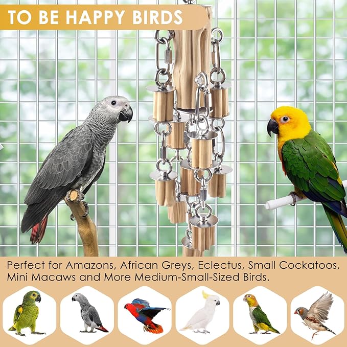 KATUMO Parrot Toys for Large Birds with Detachable Parts, 304 Stainless Steel and Natural Hardwood Chew Toy for Macaw, Cockatoo, African Greys, Medium to Large Parrots, Safe and Durable
