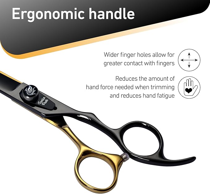 Fenice Peak 7'' Black Dog Grooming Scissors Goldern Curved Scissors with Ergonomic Offest Handle and Pattern Screw Pet Grooming Trimming Shears Durable and Sharp 440C