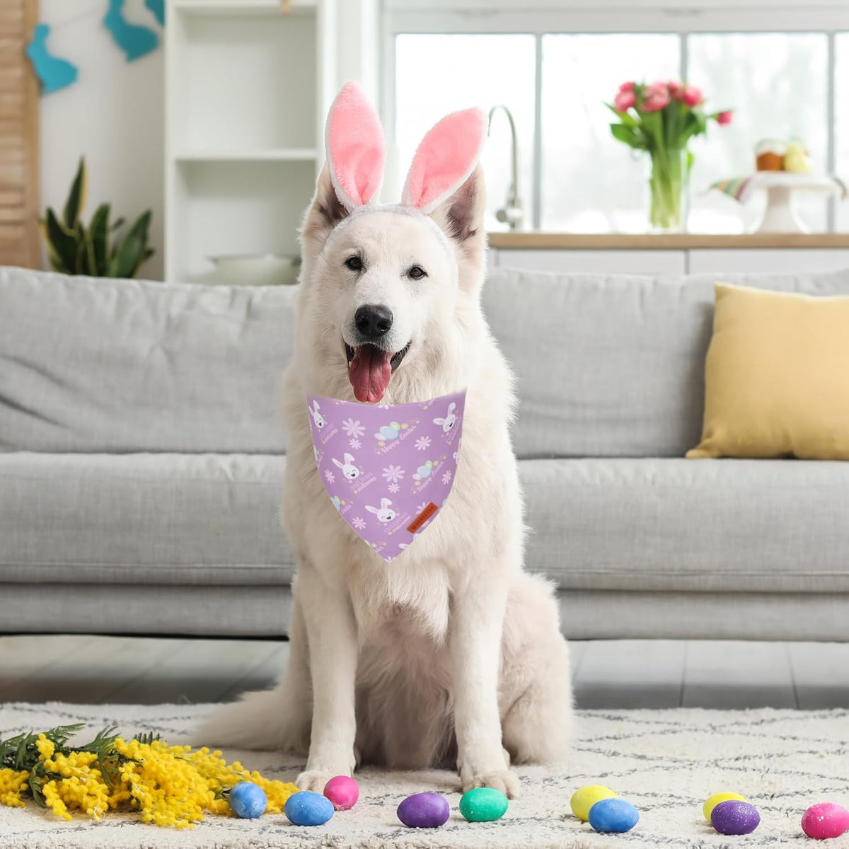 ADOGGYGO Easter Dog Bandanas, Reversible Bunny Floral Pet Scarf, Multi Size Offered, Rabbit Easter Bandana for Medium Large Dogs Pets (Large)