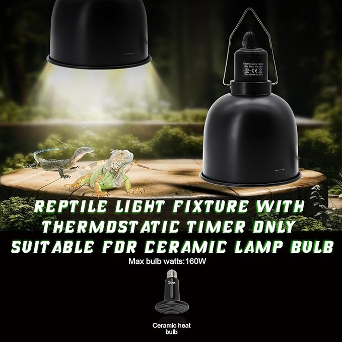 5.5" Deep Dome Reptile Lamp Fixture with Thermostat Timer & Dual Controls, Heat-Resistant Ceramic Bulb Holder for Bearded Dragons, Snakes, Turtles & Geckos