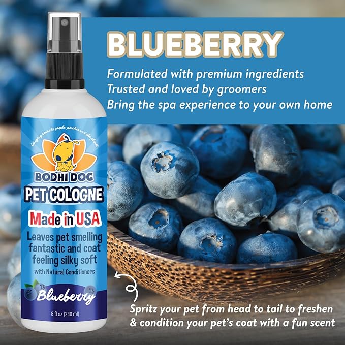 Bodhi Dog Premium Dog Cologne - Deodorizing Dog Perfume & Conditioner for Dogs & Cats - Natural Long Lasting Spray - Keeps Pets Fresh All Day - Gentle & Safe Formula, Made in USA (Blueberry 8 Fl Oz)