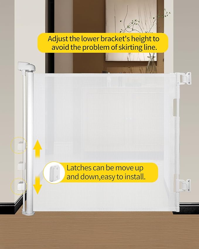 Retractable Baby Gate for Stairs – 33” Height, Expands up to 71” Width – Safety Gate for Infants, Toddlers, Dogs & Pets – Easy Install, Secure Closure, White Mesh Design for Indoor & Outdoor Use