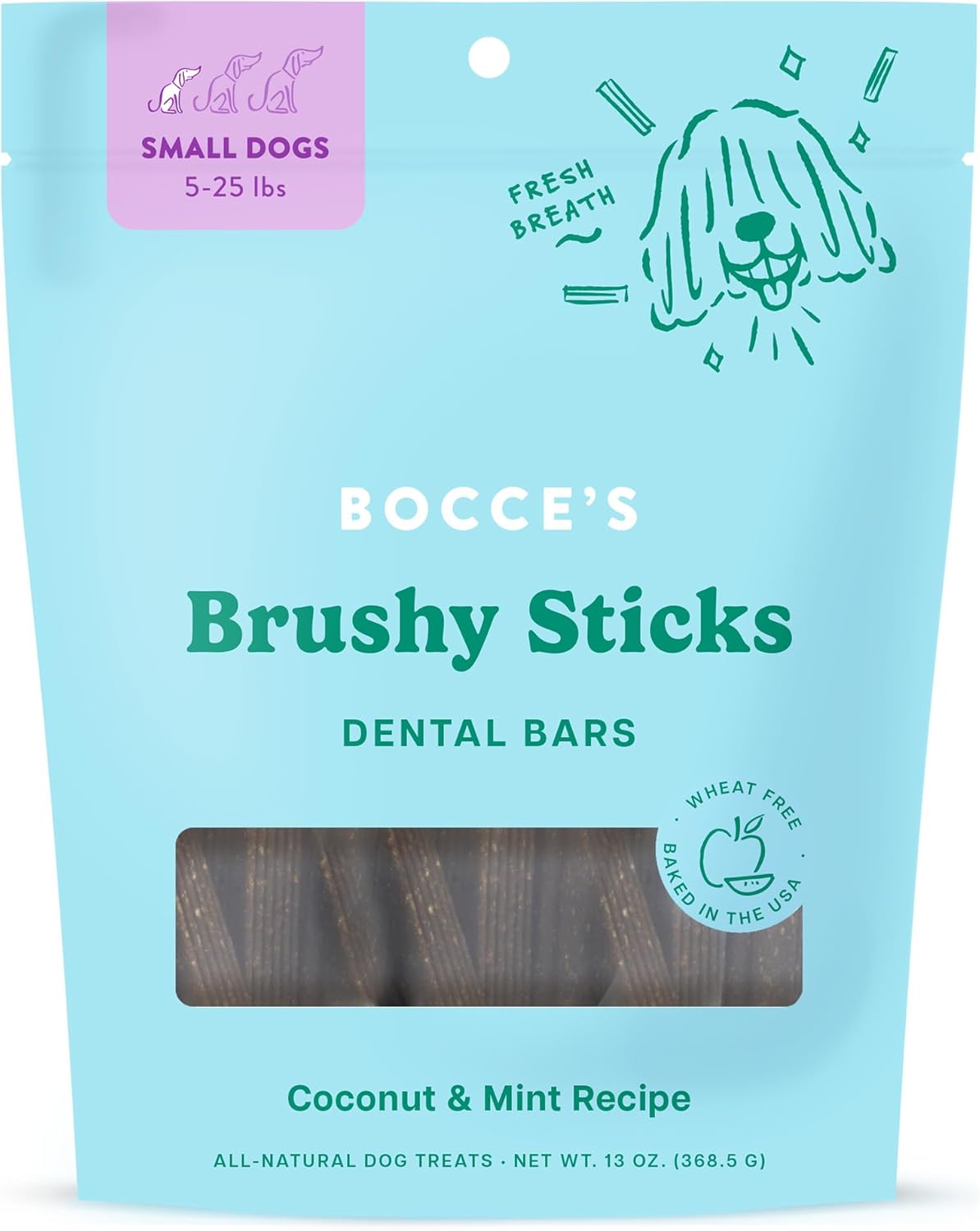 Bocce’s Bakery Dailies Brushy Sticks to Support Oral Health & Fresh Breath, Wheat-Free Dental Bars for Dogs, Made with Real Ingredients, Baked in the USA, All-Natural Coconut & Mint Recipe, Small Dogs