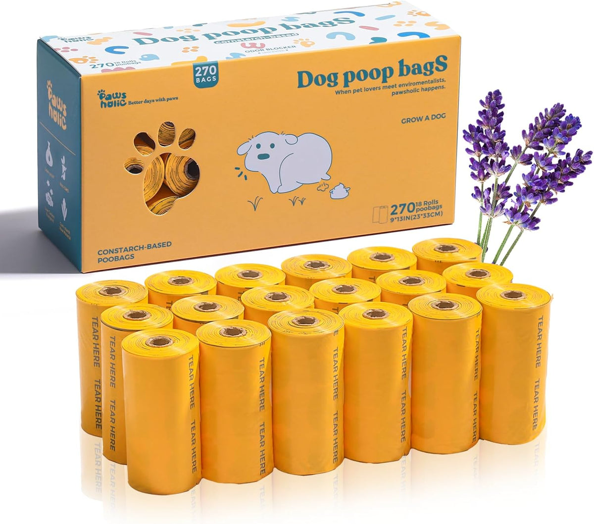 Dog Poop Bags Rolls Biodegradable 100% Leak Proof Dog Waste Bags -270 Count 18 Rolls - Cornstarch Based Doggie Poop Bag for puppy and Big Dogs(Lavender)