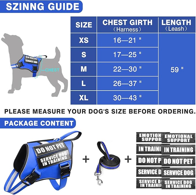 Service Dog Vest Harness and Leash Set+10 Patches,No Pull&Easy Walk Reflective Dog Harness with Soft Padded Handle for Training/Everyday,Fit Small/Medium/Large/Extra-Large Dogs (Blue S)