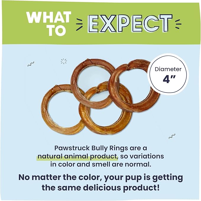 Pawstruck All-Natural 4" Bully Stick Rings for Dogs - Rawhide-Free, 100% Beef, Single Ingredient Dental Chew Bones - Fully Digestible, Low Odor - 3 Pack - Packaging May Vary