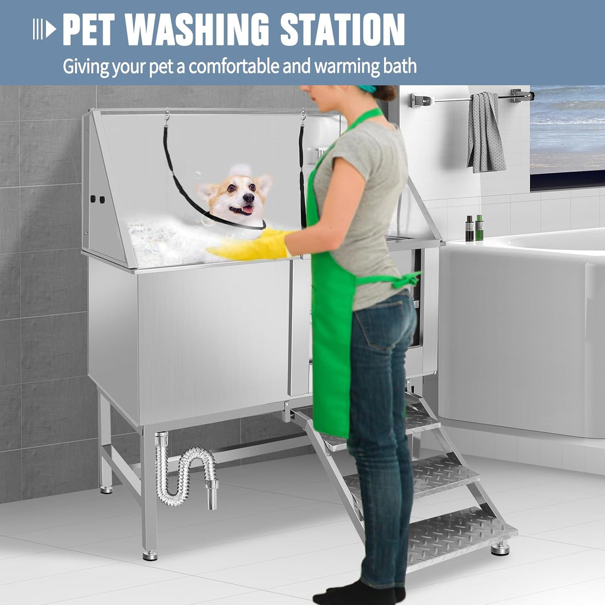 50" Dog Bathing Station, Professional Dog Washing Station Stainless Steel Dog Grooming Tub for Home,Equipped with Three Anti-Slip Steps, Removable Door, Pet Wash Station for Pet (50" Right ramp)