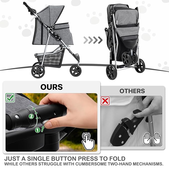 MoNiBloom 3 Wheels Pet Dog Cat Stroller for Small Medium Dogs and Cats, Lightweight Foldable Jogger Stroller w/Storage Basket and Cup Holder, Gray