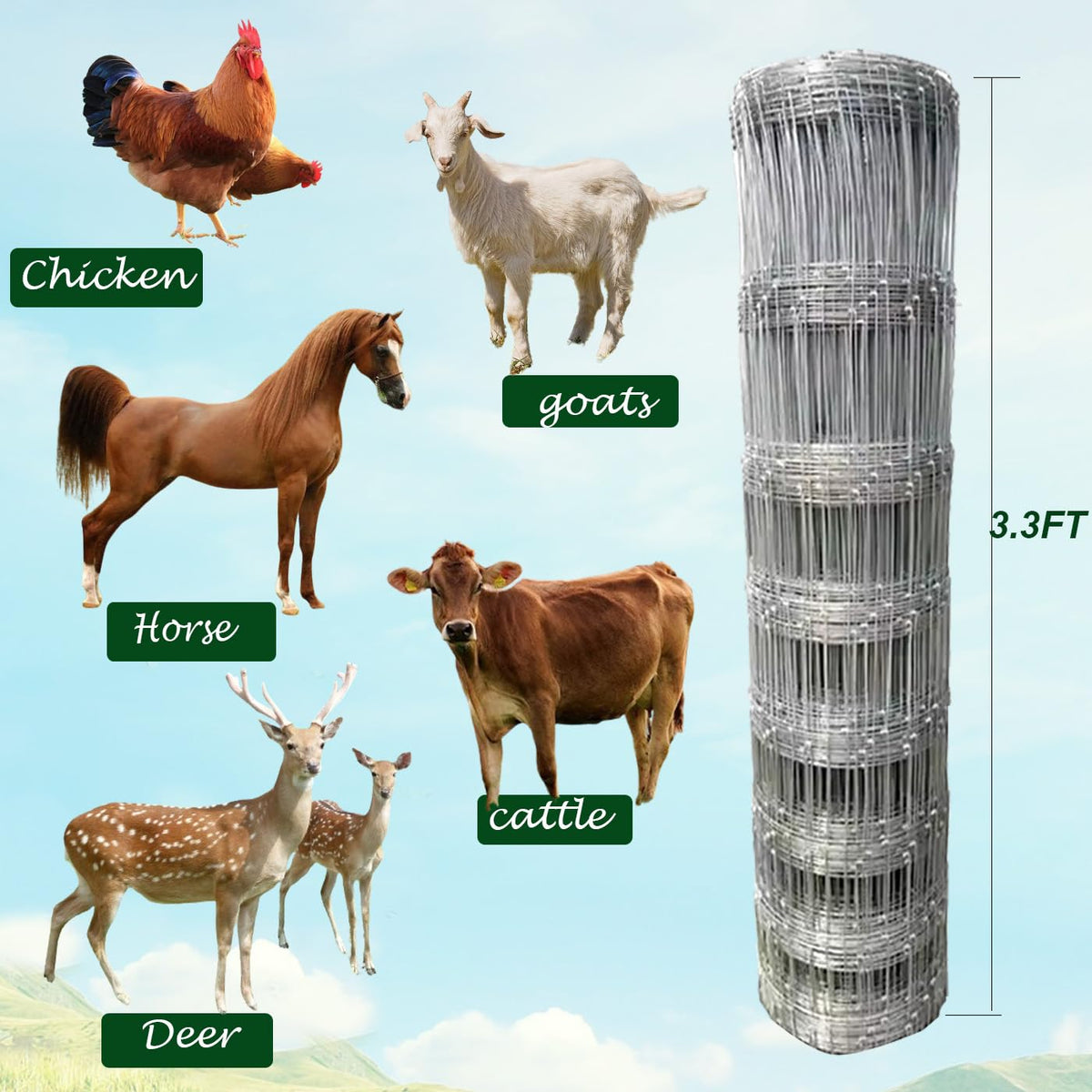 40in x 100ft Galvanized Wire Fence, Hog Goat Fencing Garden Fencing Roll, Heavy Zinc Coating Metal Wire Mesh for Yard Vegetable Plant Protection Poultry Netting