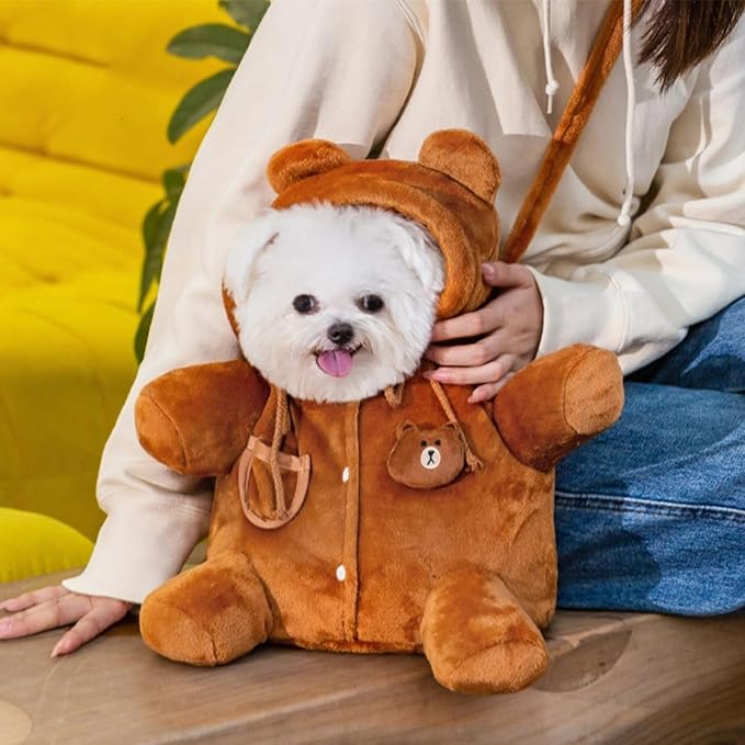 Cat Puppy Costume Plush Outing Backpack Cute Bear Bee Design Anti-Escape Bag for Kitten Cat Small Dog (Bear,Small)