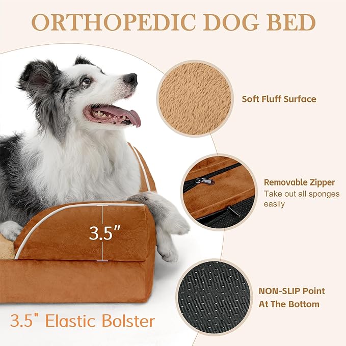 Comfort Expression Orthopedic Dog Bed for Medium Dogs 28x19 Inch, Waterproof Supportive Egg Crate Foam Medium Pet Bed with Removable Bolsters, Dog Couch with Washable Cover & Non-Slip Bottom, Orange