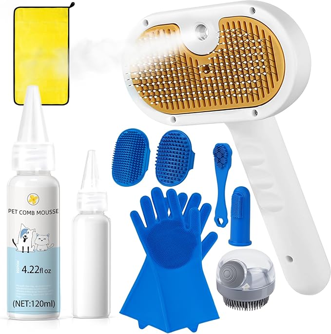 Pet Steam Brush for Dog & Cat – 3-in-1 Spray Hair Removal Comb for Shedding & Grooming Water-Free Shampoo, Bath Gloves,Bath Brush, Tooth & Ear Brush, Towel (10PCS)