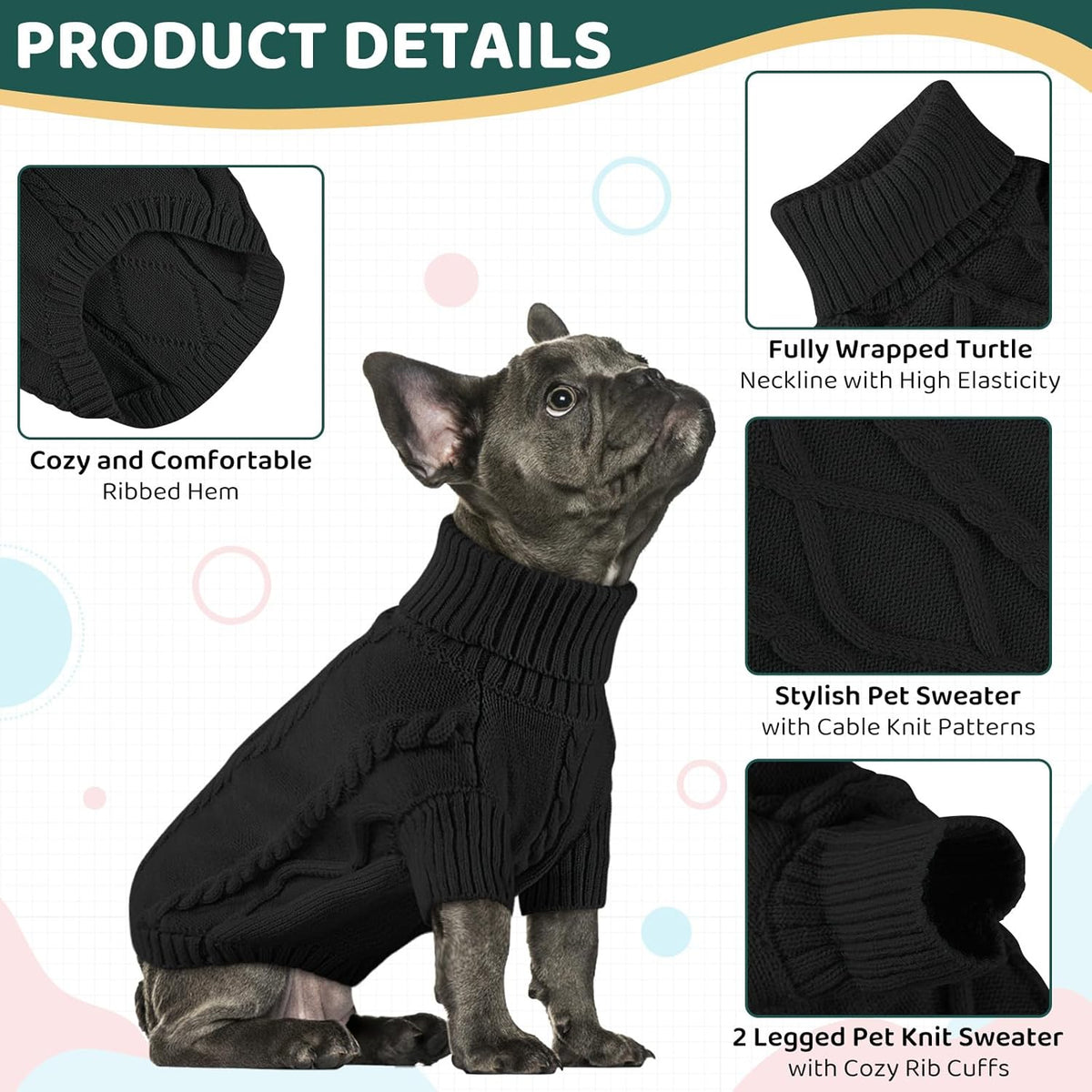 Queenmore Small Dog Pullover Sweater, Cold Weather Cable Knitwear, Classic Turtleneck Thick Warm Clothes for Chihuahua, Bulldog, Dachshund, Pug (Black, X-Small)
