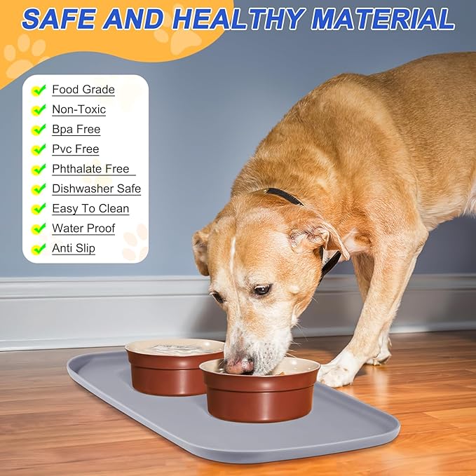 Silicone Pet Feeding Mat with Raised Edge for Food and Water, Dog Bowl Mats, Cat Bowls Placemat with High Lip for Floor Waterproof, Rubber Tray for Cats and Dogs 22 x 14 x0.8 Light Gray