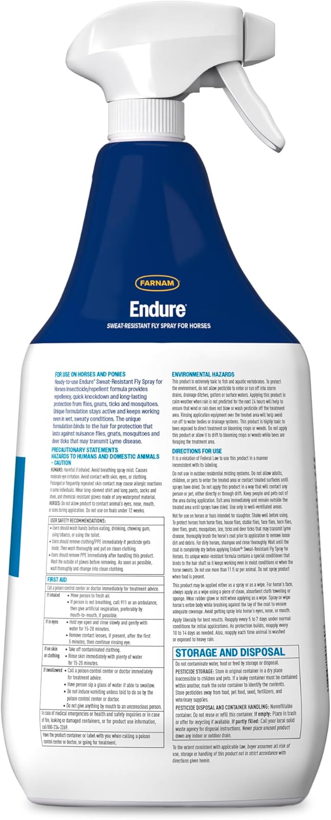 Farnam Endure Sweat-Resistant Fly Spray for Horses, Lasts Up to 14 Days, Protects Against Flies, Gnats, Mosquitoes, Ticks & Lice, 32 oz.