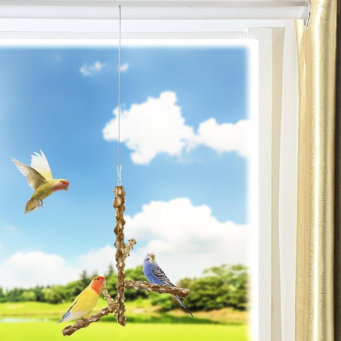 FlidRunest Bird Perch, Hanging Bird Tree Ceiling Perch Swing Toy, Natural Pepper Wood Bird Training Toy for Parrot Parakeet Cockatiel Conure Small-Medium Birds