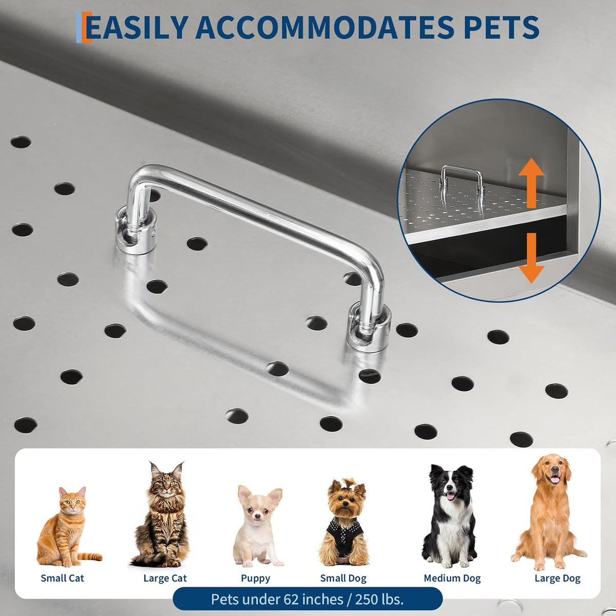 Stainless Steel Dog Washing Station - Dog Bath Tub for Large, Medium, Small Dogs, Pet Grooming Tub with Ramp, Non-Slip Grate, Shower, Soap Box, Faucet, Drain for Home & Outdoor （Right RAMP, 60"）