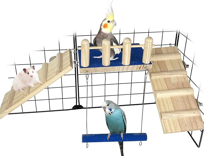 FlidRunest Bird Toy, Parrot Perch Platform with Swing and Ladder, Bird Perch Paw Grinding Rough-surfaced, Wooden Climbing Exercise Stands for Parakeet, Parrot, Lovebird, Cockatiel, Hamster