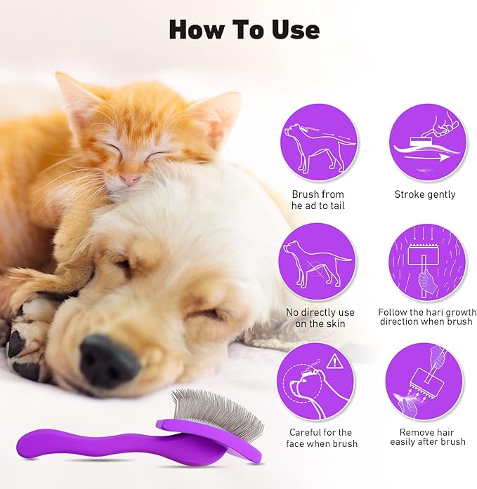 Dog Slicker Brush for Shedding and Grooming Medium or Long Haired Cats, Extra Long & Soft Pin Slicker Brush for Removes Loose Hair, Tangles, Knots, Undercoat, Free Pet Comb, Large Purple