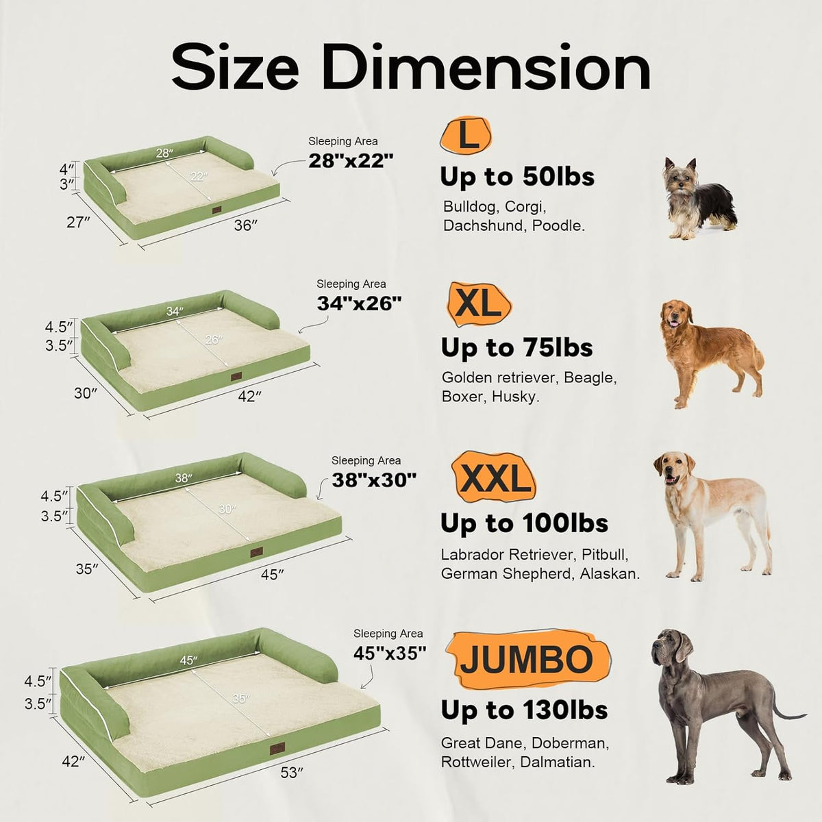 Large Dog Bed Orthopedic Washable - Beds Bolster - Extra XL XLarge Big Dogs - Memory Foam Couch Sofa - Waterproof with Removable Cover - Grass Green Dog Bed