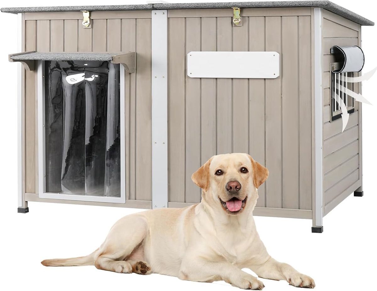 Dog House Outdoor Weatherproof & Wooden Dog Kennel with Chew-Proof Iron Frame，Removable Floor, Adjustable Vent Window, Easy Assembly for Large and Extra-Large Dogs 55.1" D x 33.1" W x 34.8" H