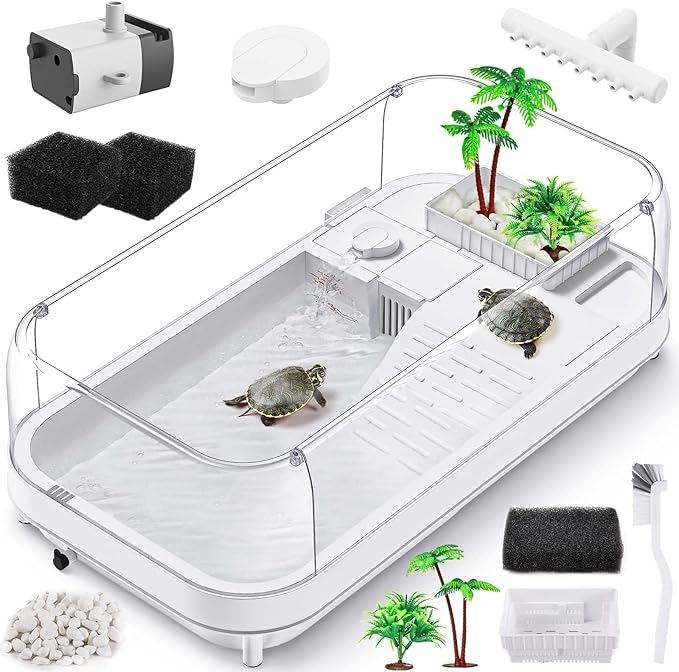 Large Turtle Tank with Water Pump, Acrylic Turtle Tank Starter Kit with Heightened and Curved Fences, Multi-Function Areas, Bottom Drainage