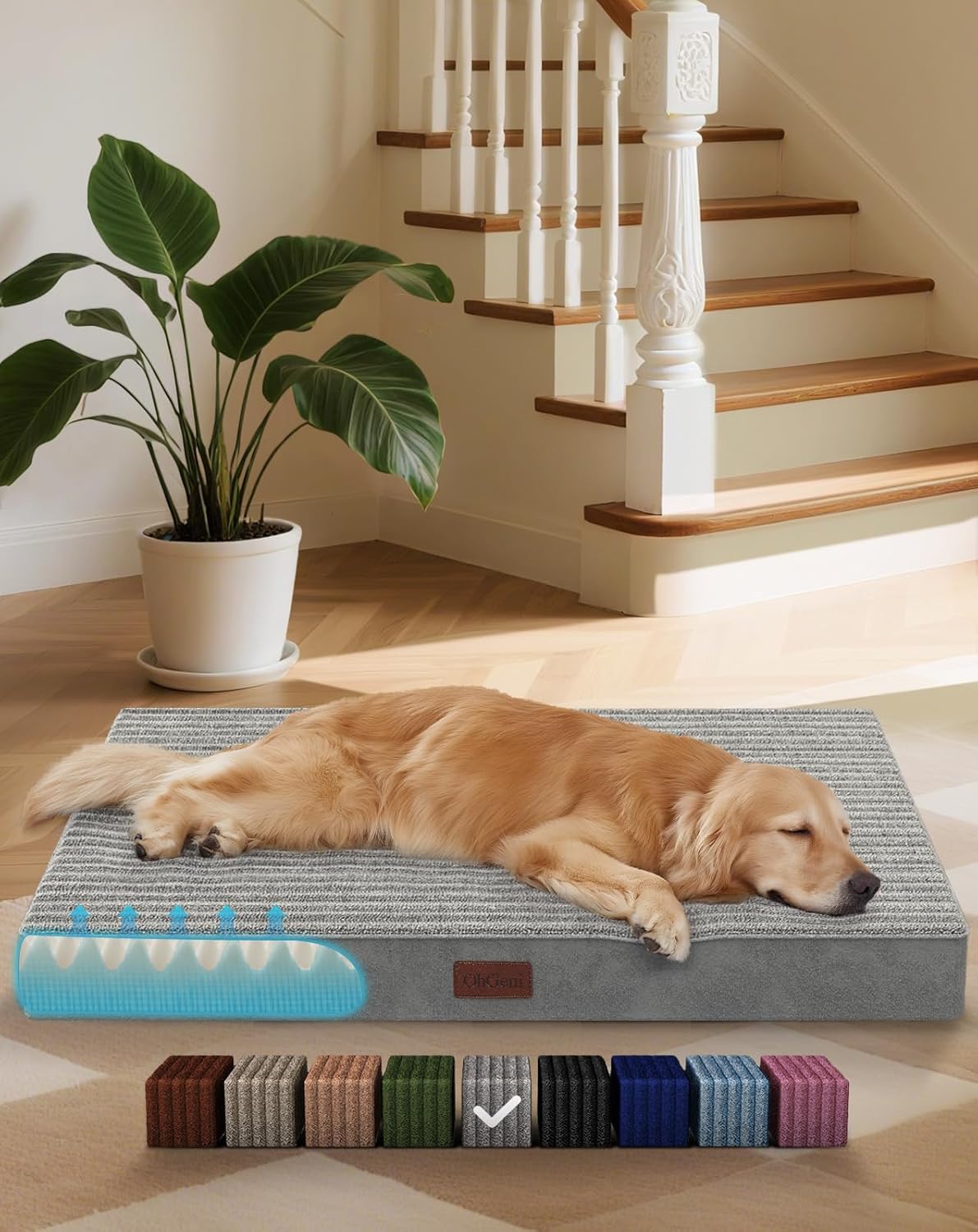 OhGeni Orthopedic Waterproof & Machine Washable Dog Bed for Large Pets, Suitable for Crates, 25D Egg Crate Foam, Non-Slip Bottom & Removable Cover, Corduroy Fabric, 41 Inches(Gray)