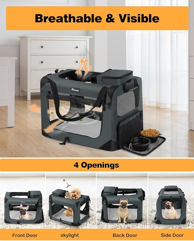 Extra Large Dog Crate with 2 Foldable Bowl, 36 Inch Collapsible Travel Dog Crate Kennel with Soft Blanket for Medium Dogs,Indoor & Outdoor (36" L x 25" W x 25" H, Grey)