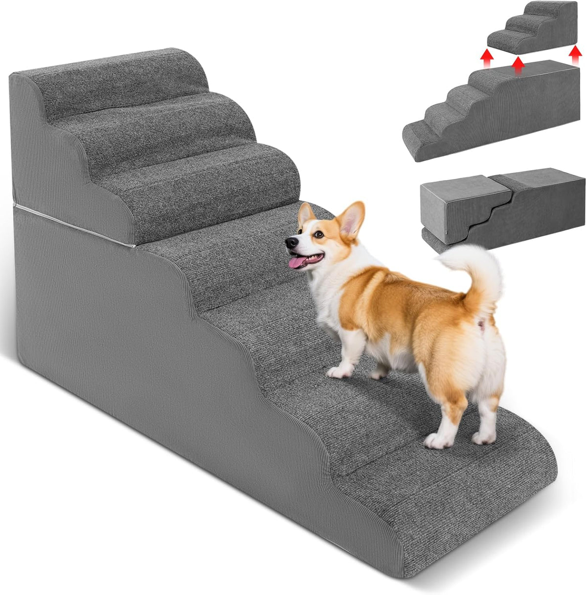 7-Step Dog Stairs for High Bed - 29.5" Adjustable Dog Ramps for Couch, Non-Slip Sturdy Pet Steps for Small Dogs, Washable Cover, Removable Modular Design, Dual 11.8” & 17.7” Steps for Custom Height