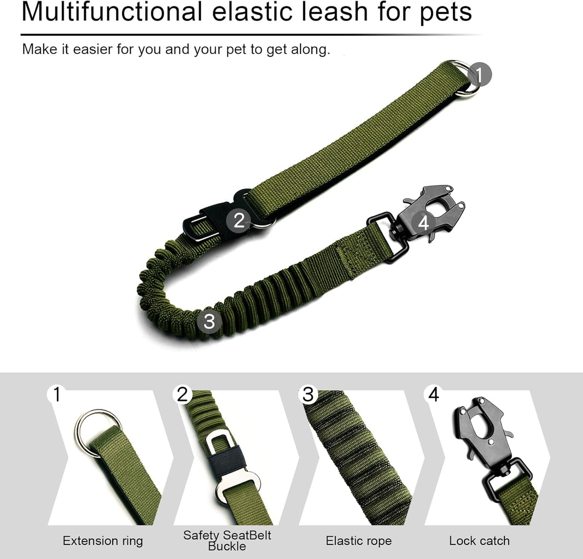20” Strong Short Leash for Dog, Heavy Duty Bungee Dogs Leash with Padded Handle Car Seatbelt, Dog Training Leashs for Large or Medium Dogs - Can be Used with Other leashes (Army Green)