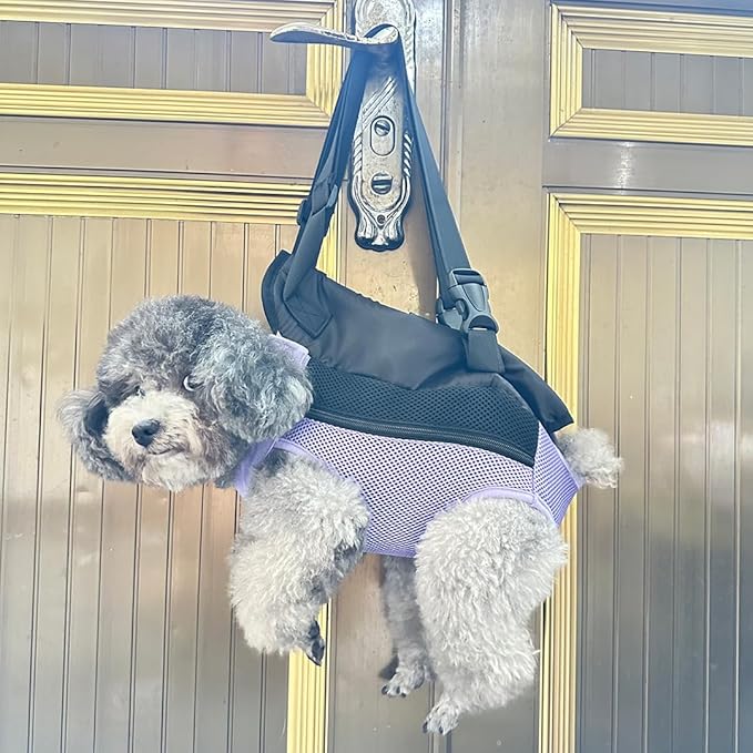 Pet Dog Carrier Backpack, Portable Breathable Mesh Chest Carrier, Polyester Woven Double Shoulder Pet Bag for Outdoor Adventures (Purple, Large)