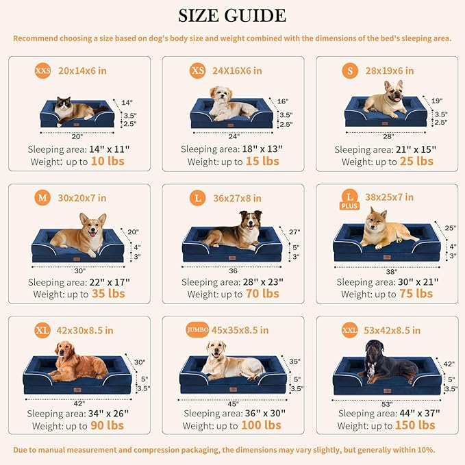 Comfort Expression Orthopedic Dog Bed for Large Dogs 38x25 Inch, Waterproof Supportive Egg Crate Foam Large Pet Bed with Removable Bolsters, Dog Couch with Washable Cover & Non-Slip Bottom, Navy Blue